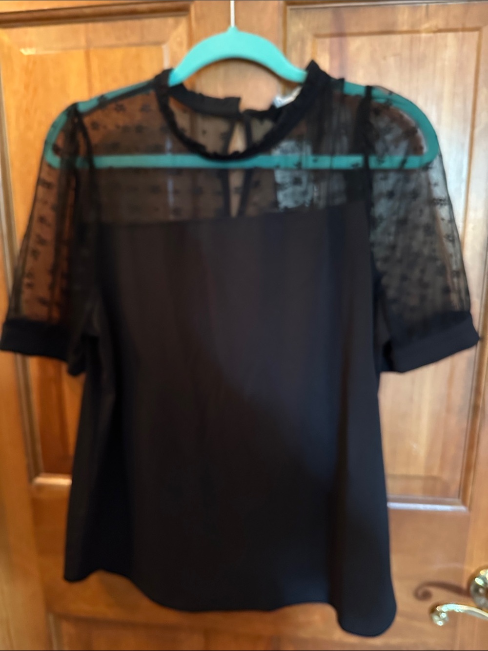 Adrianna Papell Black Sheer Yoke Short Sleeve Blouse